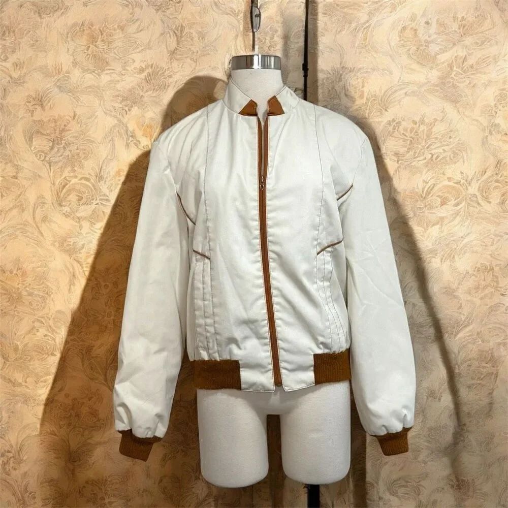 Vintage Cream Brown Canvas Aviator Leather Bomber Jacket Coat Medium